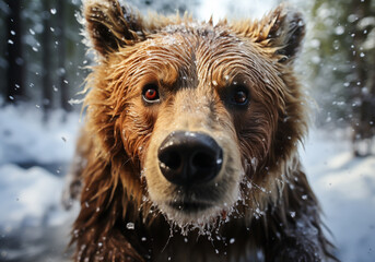 Huge brown bear in winter landscape with falling snow. AI generated