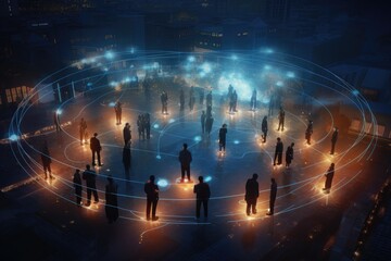 Silhouetted Figures of people Engaging in a Global Communication Network Dome at Night - obrazy, fototapety, plakaty