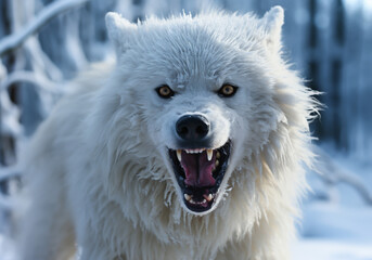 Fierce and angry arctic white wolf in winter landscape with falling snow. AI generated - obrazy, fototapety, plakaty