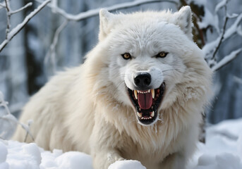 Obraz premium Fierce and angry arctic white wolf in winter landscape with falling snow. AI generated