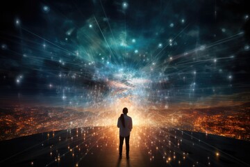 Fototapeta premium Man looking into a Dynamic Cybernetic Data Stream over City Lights