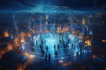 People Connected in a Global Communication Network Dome at Night - obrazy, fototapety, plakaty
