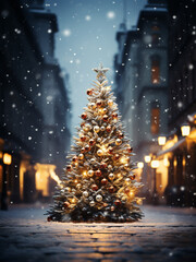 Christmas tree on the street with falling snow. Winter time. AI generated