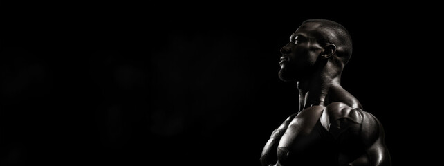  A powerful side profile of a male figure, showcasing a muscular neck and shoulder in a nuanced lighting that enhances his form.