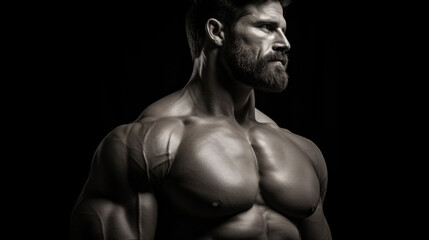 Fototapeta premium A strong, bearded male figure, standing with confidence, his physique a testament to dedication in fitness and bodybuilding.