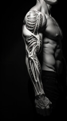 A detailed study of human musculature, with a focus on the arm's anatomy against a dark background, illustrating strength and complexity.