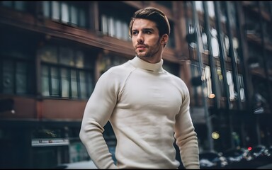 Obraz premium portrait of a charming young male model with casual clothing standing posing and looking at camera, close up, cinematic light, very handsome man.