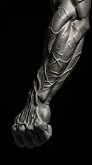 Fototapeta na wymiar Close-up of a flexed arm displaying detailed muscular structure against a black background, a testament to human anatomy and strength.