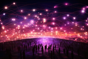 Figures stand silhouetted against a vibrant backdrop of connected light trails and a fiery sky