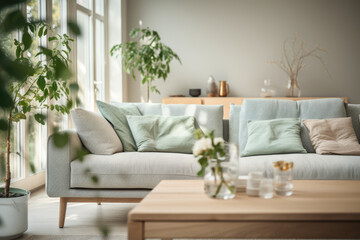 Serene space with a sofa, table, books, and lush plants. Reflects calming color schemes, Norwegian design, bathed in light emerald and beige hues.