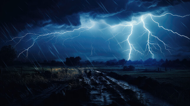 Orage &eacute;clatant illuminant le ciel au-dessus d'une prairie sous la pluie.