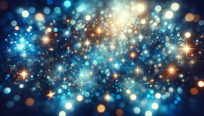 Magic blue holiday abstract glitter background with blinking stars. Blurred bokeh of Christmas lights. Happy New Year and Merry Christmas banner - obrazy, fototapety, plakaty