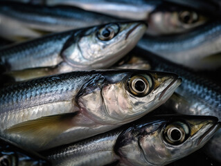 Fototapeta premium Several fresh raw uncut Atlantic herring on ice. Wild, caught in the ocean or sea fish. Counter of supermarket or seafood market. Whole fresh atlantic herring fish on shelf or stall in local market