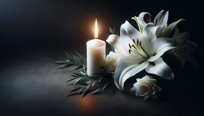 Beautiful lily and burning candle on dark background with space for text. Funeral white flowers