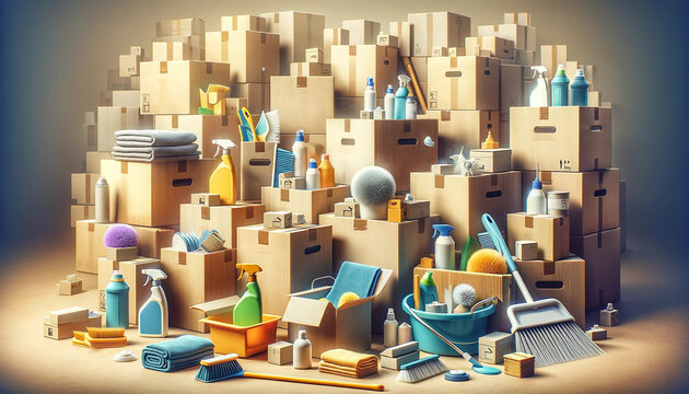 Move concept. Cardboard boxes and cleaning things for moving into a new home. Cardboard boxe background