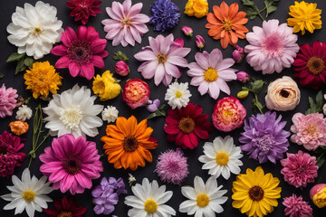 Flowers head collection isolated on black background. Card. Spring time set. Flat lay, Top view. Generative Ai.