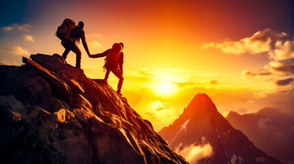 Two people climbing up mountain with the sun setting in the back ground. - obrazy, fototapety, plakaty