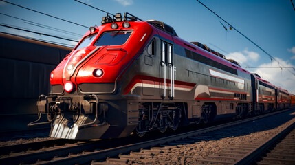 Obraz premium Red train traveling down train tracks next to train station with sky background.