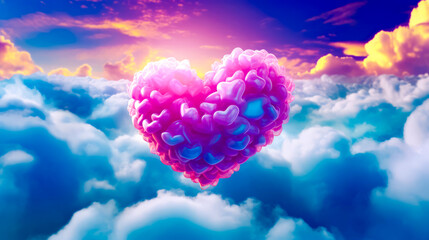 Heart shaped balloon floating in the air above clouds with sunset in the background.
