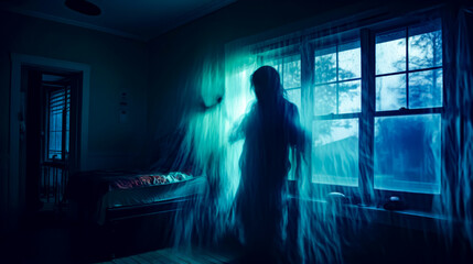 Woman standing in front of window next to bed in dark room.