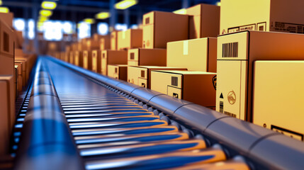 Conveyor belt with boxes on it and conveyor belt in the background.