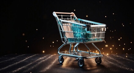 Gleaming Shopping Cart Elegance: A Polished Supermarket Cart adorned with Self-Applied Sparkling Glitter - AI Generative