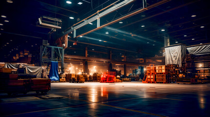 Large warehouse with lot of shelves and lot of lights on the ceiling.
