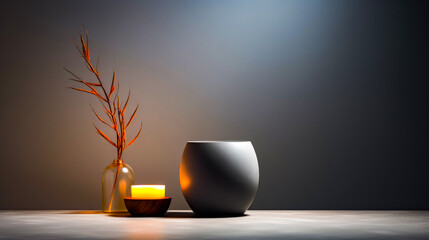 Vase sitting next to candle and vase with plant in it. - obrazy, fototapety, plakaty
