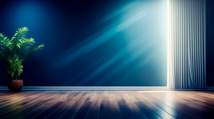 Empty room with wooden floor and blue wall in the background.