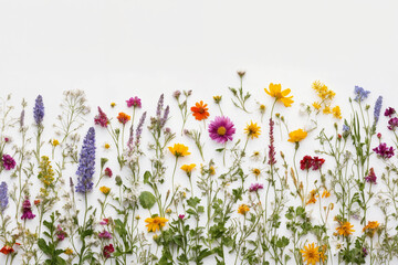 Flower composition. Colorful wild flowers on a white background top view. Floral abstract background. Generative Ai