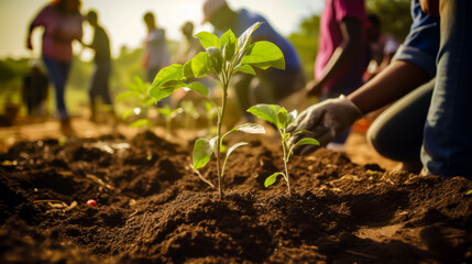 Group of people working in field with young plant in the foreground.