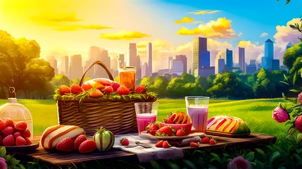 Poster Picnic in the park with basket of strawberries and strawberries. © OLHA