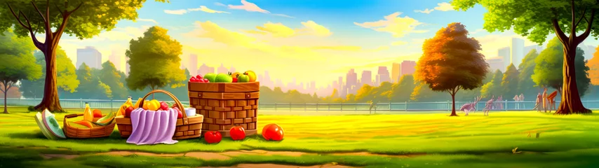 Keuken spatwand met foto Painting of basket of apples in field with city in the background. © OLHA