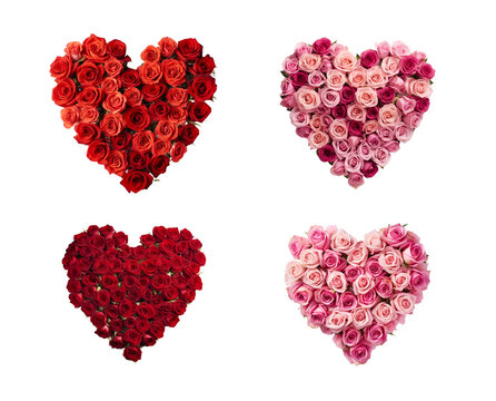 Elements for Valentine’s Day: A heart shape arranged with pink and red roses, Isolated on Transparent Background, PNG