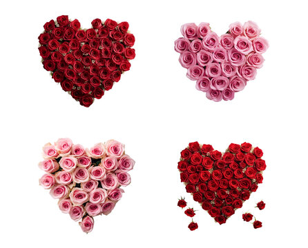Valentine’s Day elements featuring a heart shape made from pink and red roses, Isolated on Transparent Background, PNG