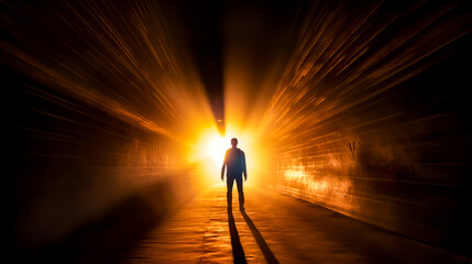 Man standing in dark tunnel with bright light coming from behind him.
