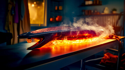 Close up of hot plate on table with smoke coming out of it. - obrazy, fototapety, plakaty