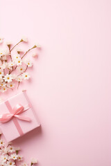 Happy Valentines day, Mothers day, birthday concept. Romantic flat lay pink composition with flowers and gift box
