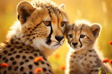 mother and cub cheetah closeup. mother's day concept - obrazy, fototapety, plakaty