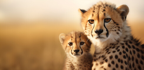 mother and cub cheetah closeup portrait with copy space - obrazy, fototapety, plakaty
