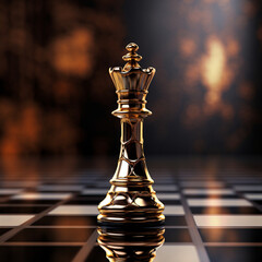 Luxurious 3D rendering of a chess piece depicting a reflective golden queen on a dark, moody background, conveying wealth, success, and strategic prowess in a game of chess.