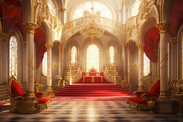 Fotobehang A realistic fantasy interior of the royal palace. gold and red palace. castle interior. Fiction Backdrop © Boraryn