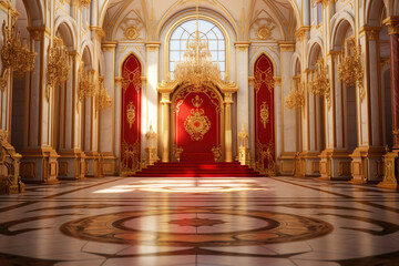 A realistic fantasy interior of the royal palace. gold and red palace. castle interior. Fiction Backdrop