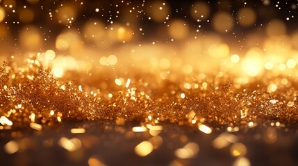 Fototapeta na wymiar Blurred Elegance: Captivating Gold Glitter Sparkling on Enigmatic Black Canvas