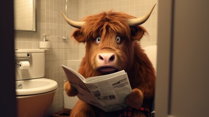 A cute highland cow sitting on a toilet seat, reading a newspaper in a minimalist bathroom. Generative AI. - obrazy, fototapety, plakaty