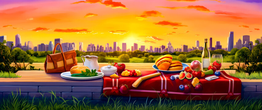 Painting of picnic with view of the eiffel tower.