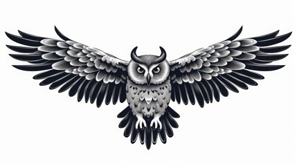 grey owl isolated on white background, linocut style, copy space, 16:9
