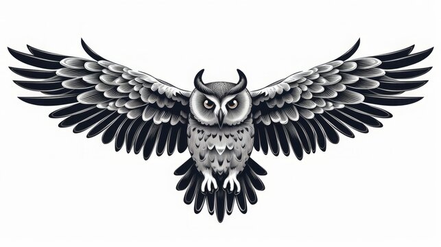 grey owl isolated on white background, linocut style, copy space, 16:9