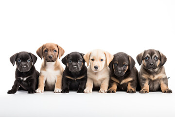 A group portrait of adorable puppies from different breeds, showcasing their curious and sweet nature.