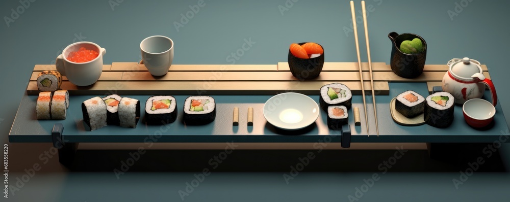 Poster a table topped with sushi and chopsticks. generative ai.